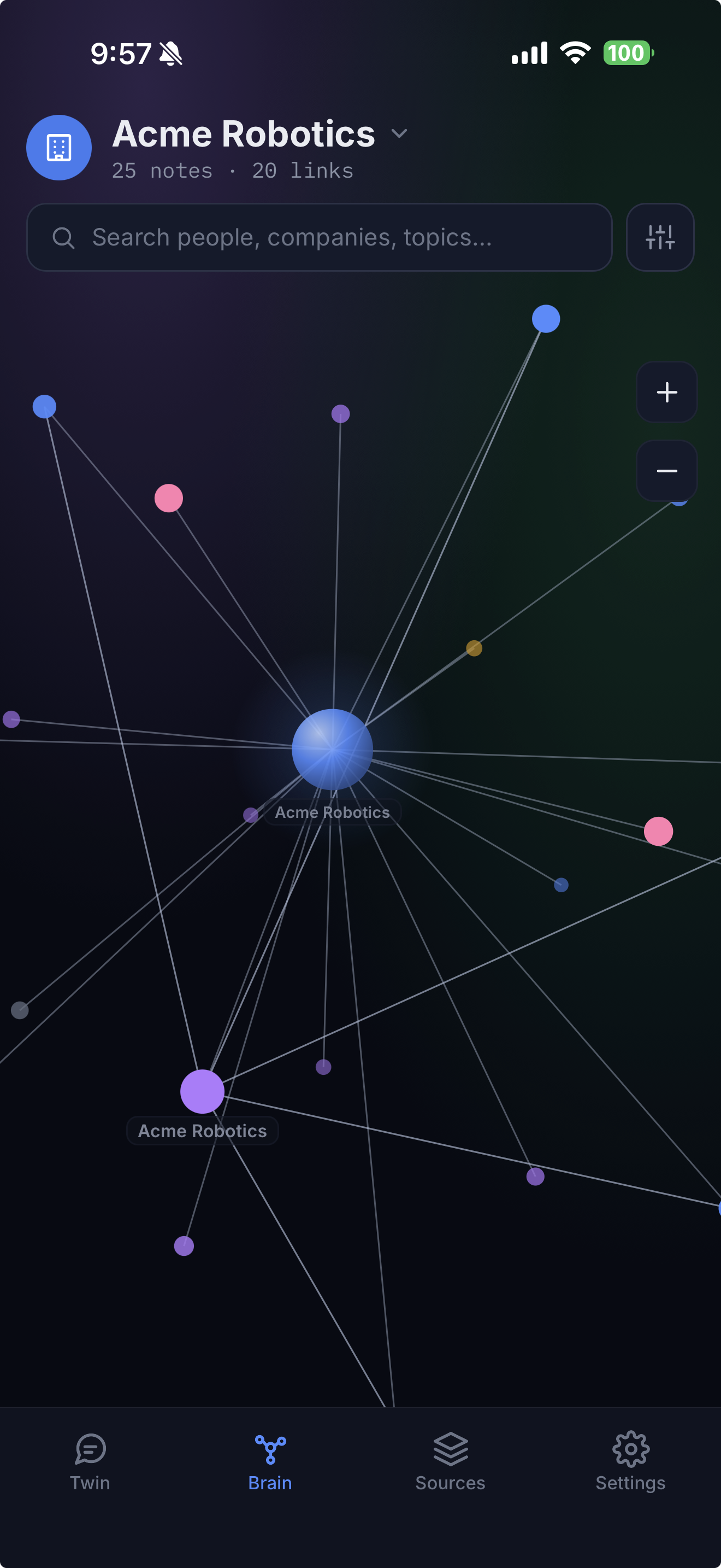Second Brain Mobile on iPhone — the knowledge graph (dark mode)