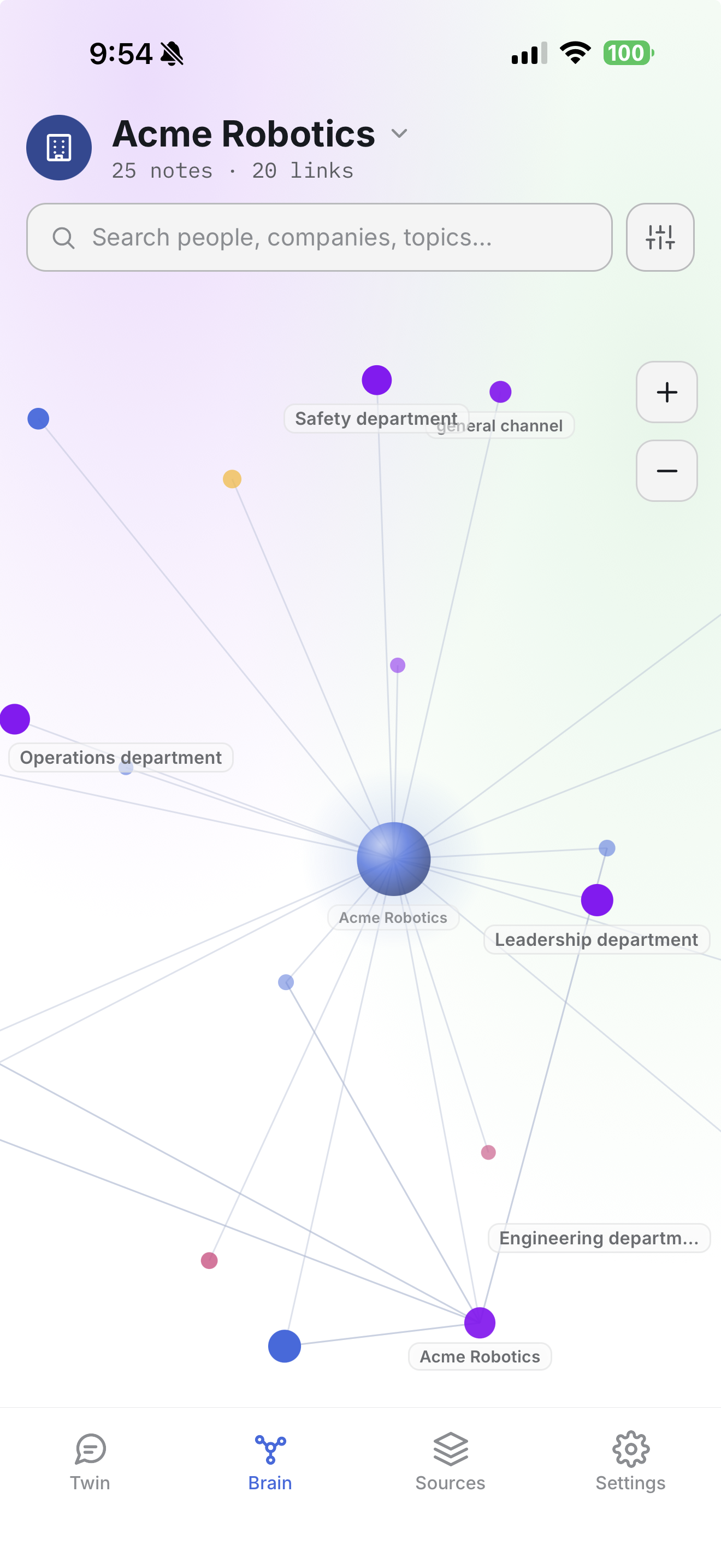 Second Brain Mobile on iPhone — the knowledge graph, rendered natively on the phone