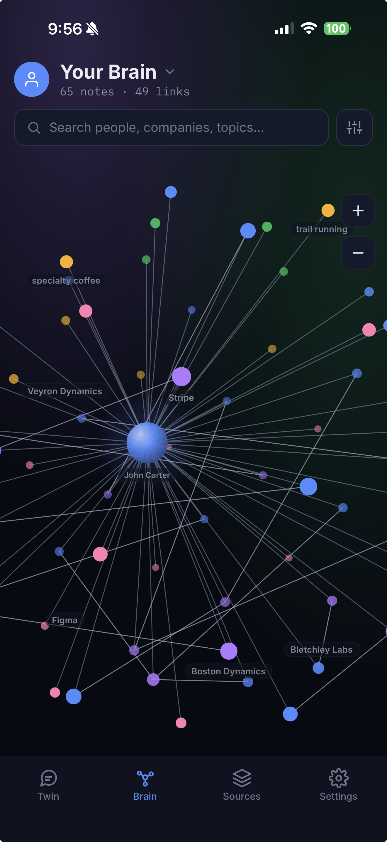 Second Brain Mobile on iPhone — your knowledge graph (dark mode)