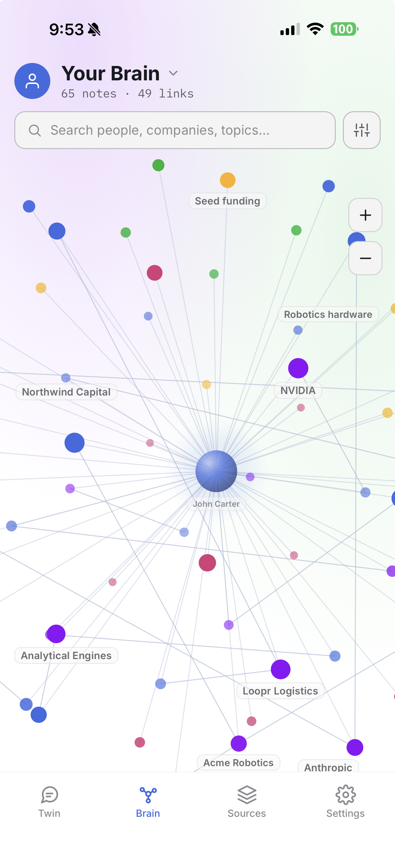 Second Brain Mobile on iPhone — your knowledge graph, rendered natively on the phone