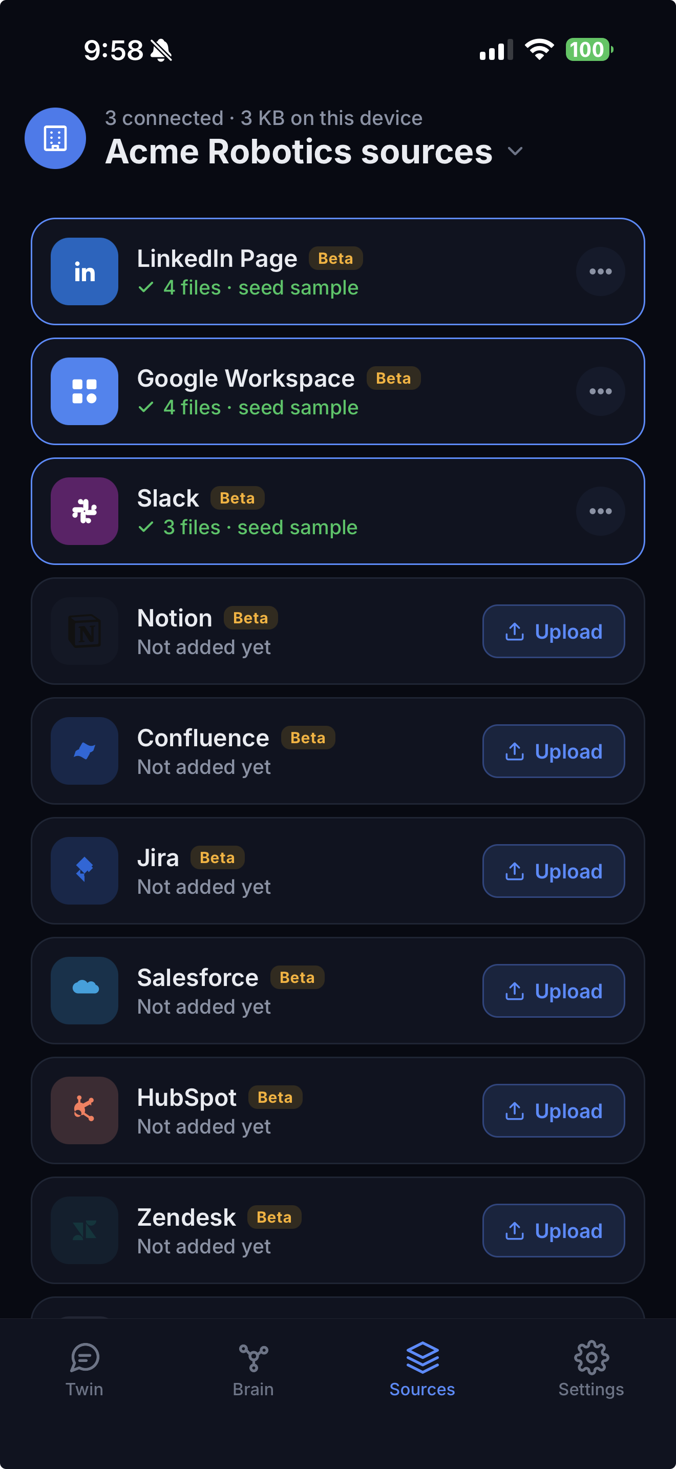 Second Brain Mobile on iPhone — sources (dark mode)