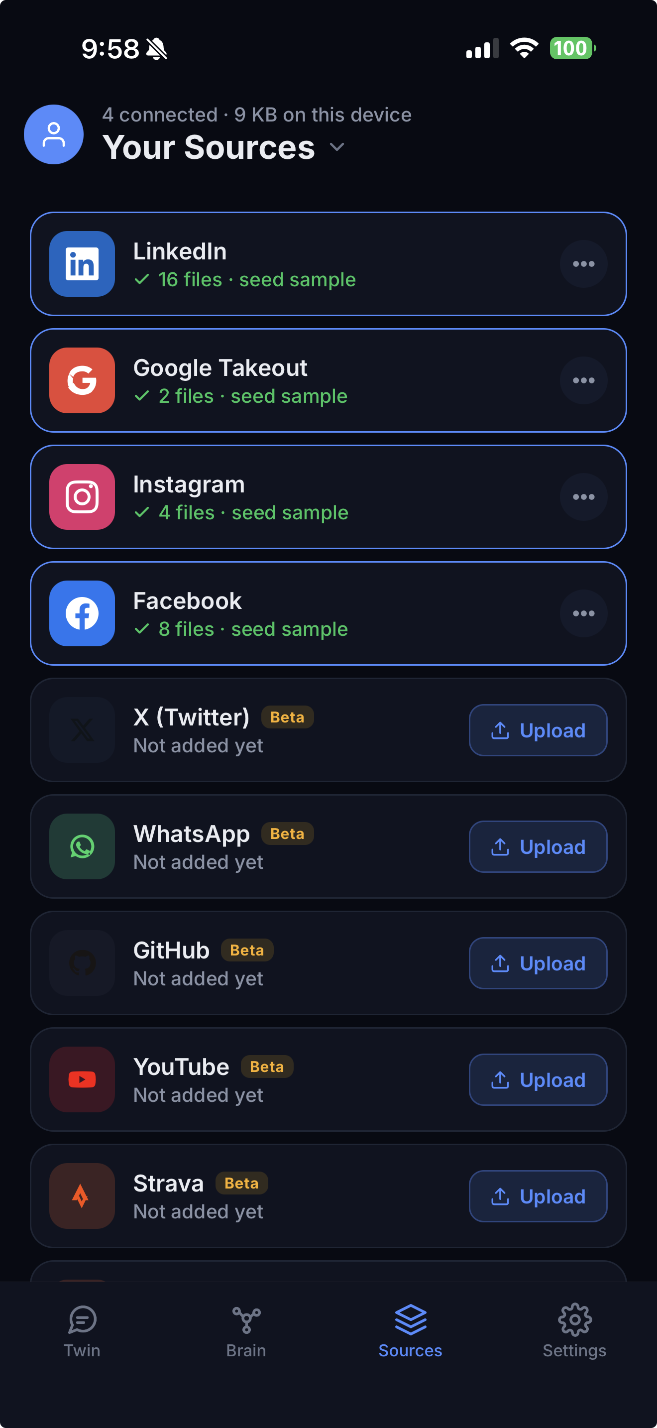 Second Brain Mobile on iPhone — your sources (dark mode)