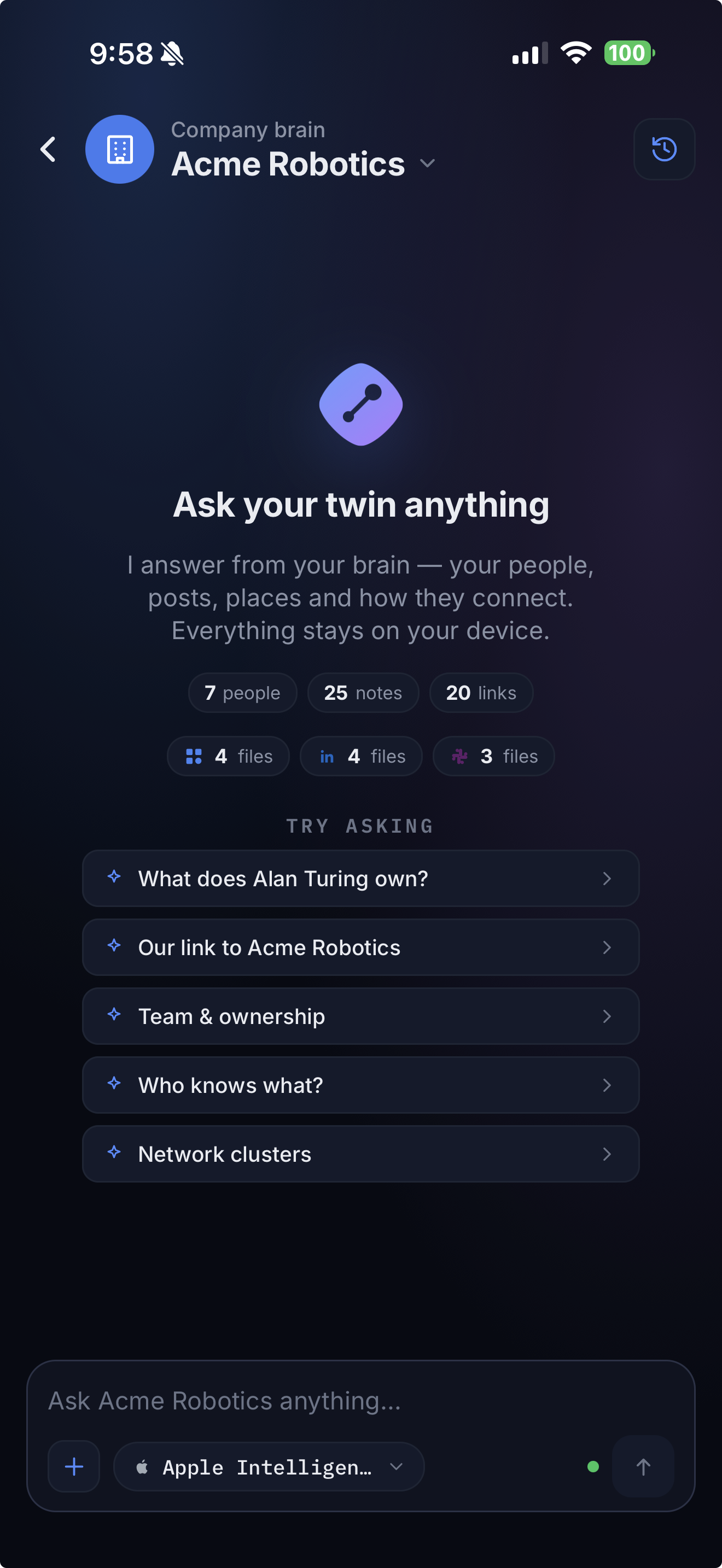 Second Brain Mobile on iPhone — talk to your twin (dark mode)