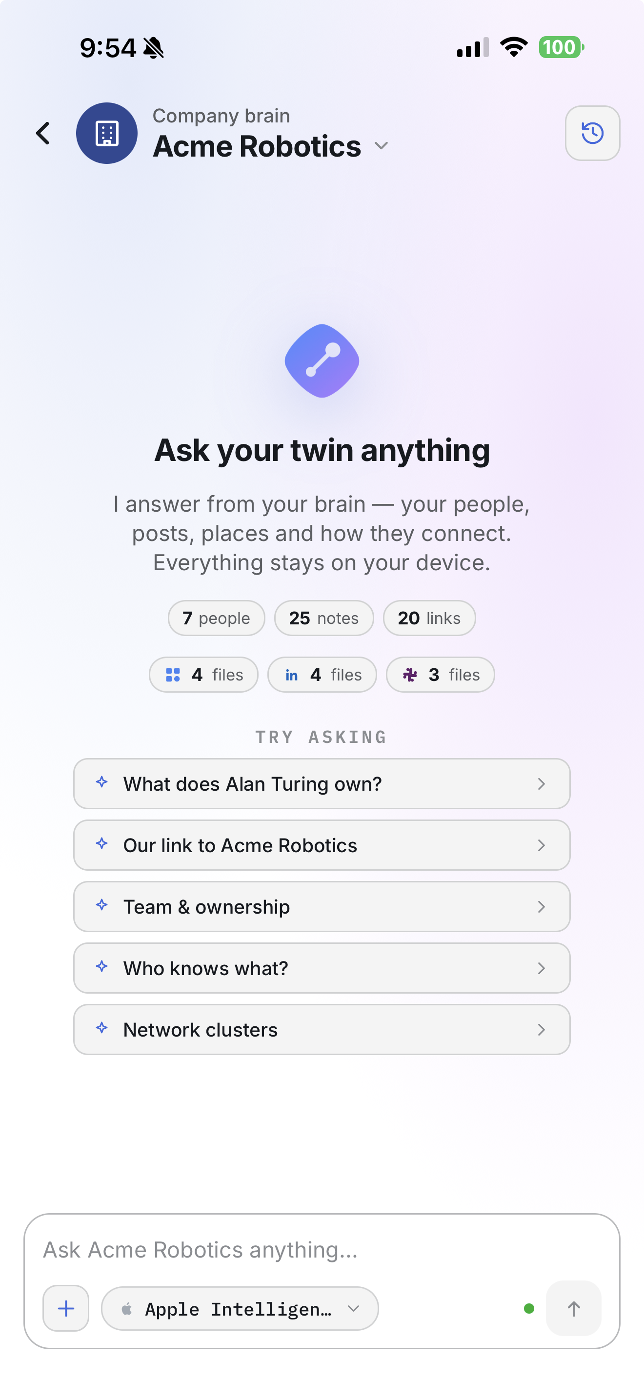 Second Brain Mobile on iPhone — talk to your twin: warm intros, meeting prep, reconnects