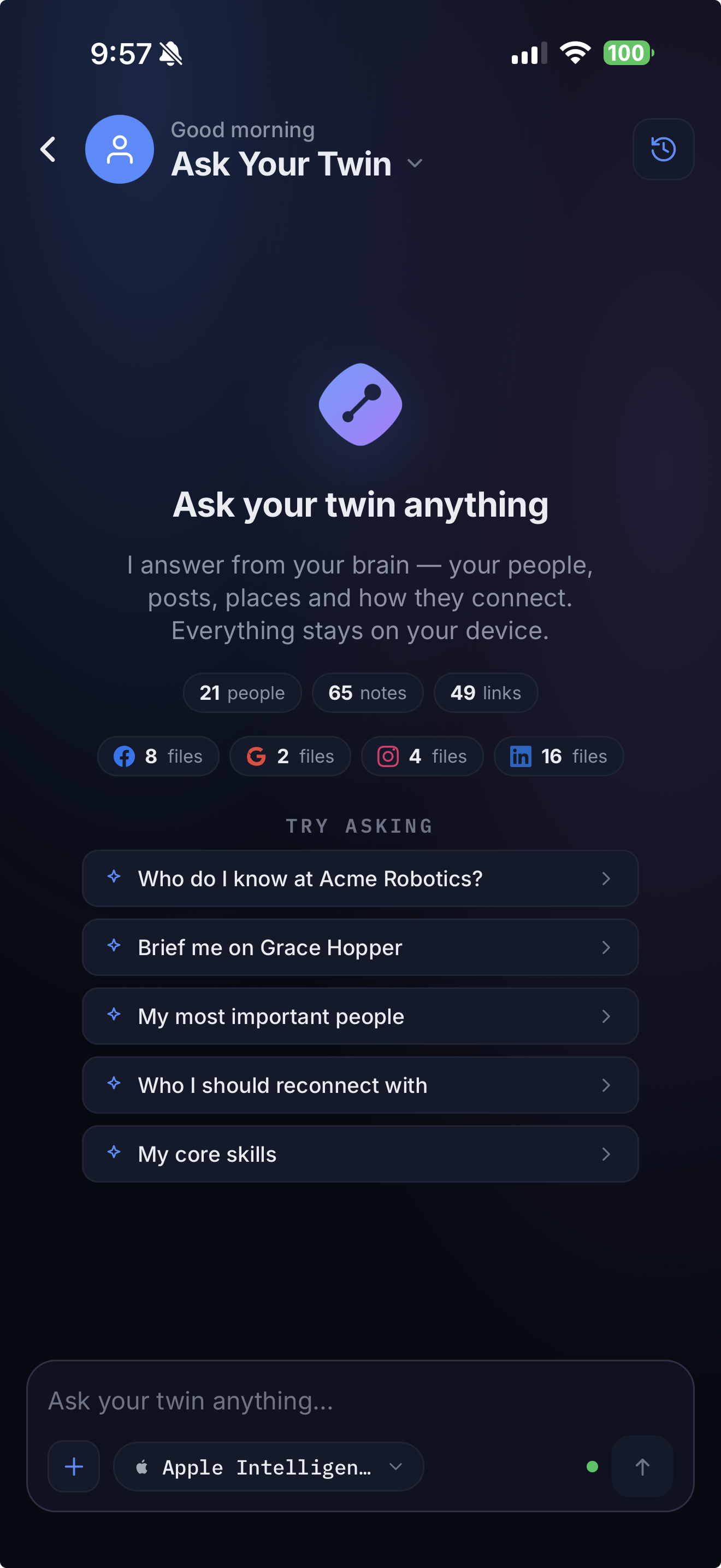 Second Brain Mobile on iPhone — talk to your twin (dark mode)