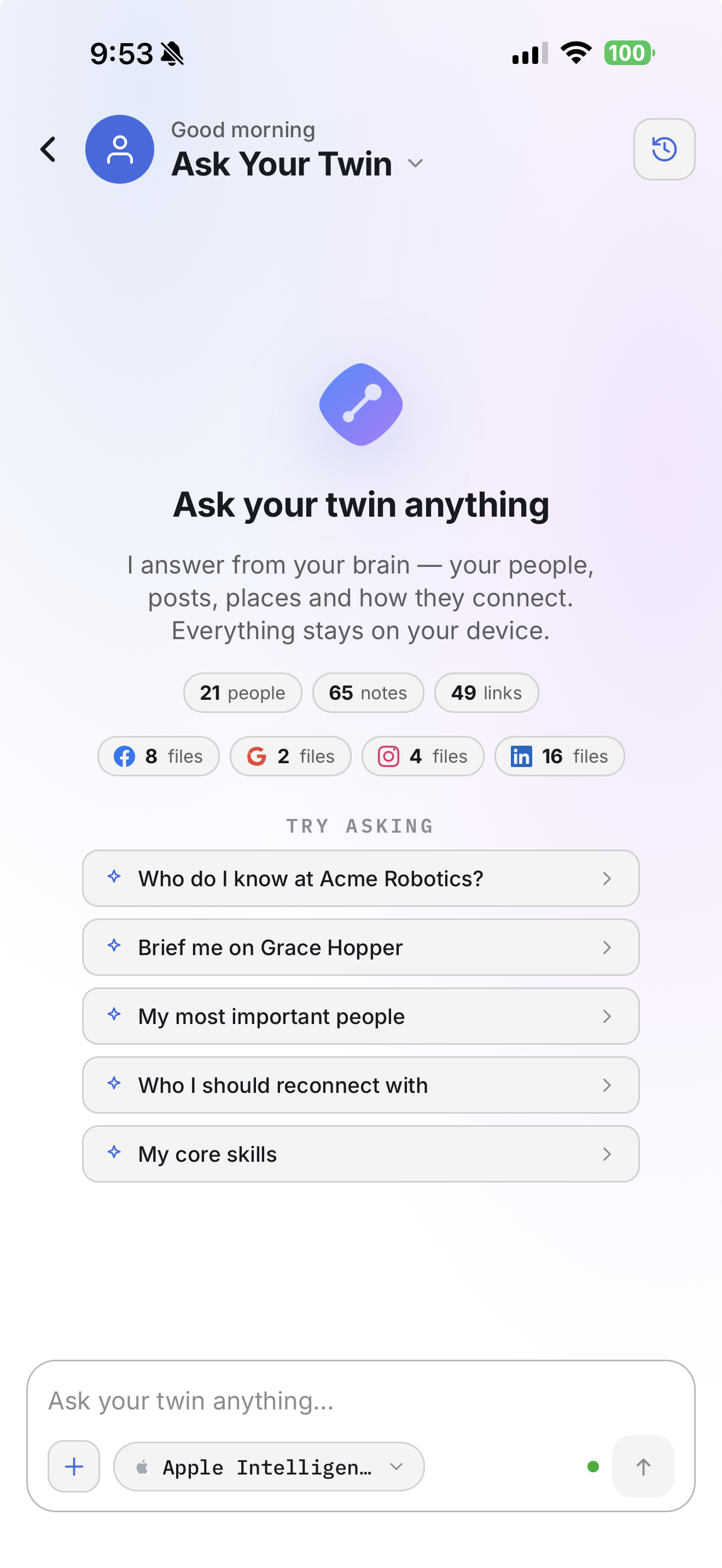Second Brain Mobile on iPhone — talk to your twin: warm intros, meeting prep, reconnects