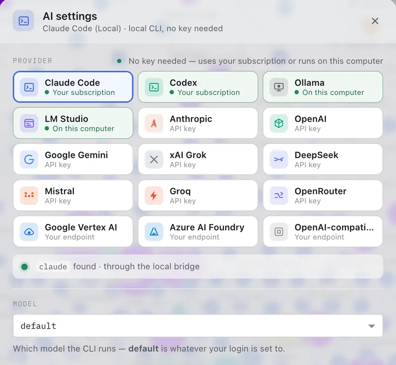 Second Brain Studio — AI settings — the providers on the John Carter demo brain (light)