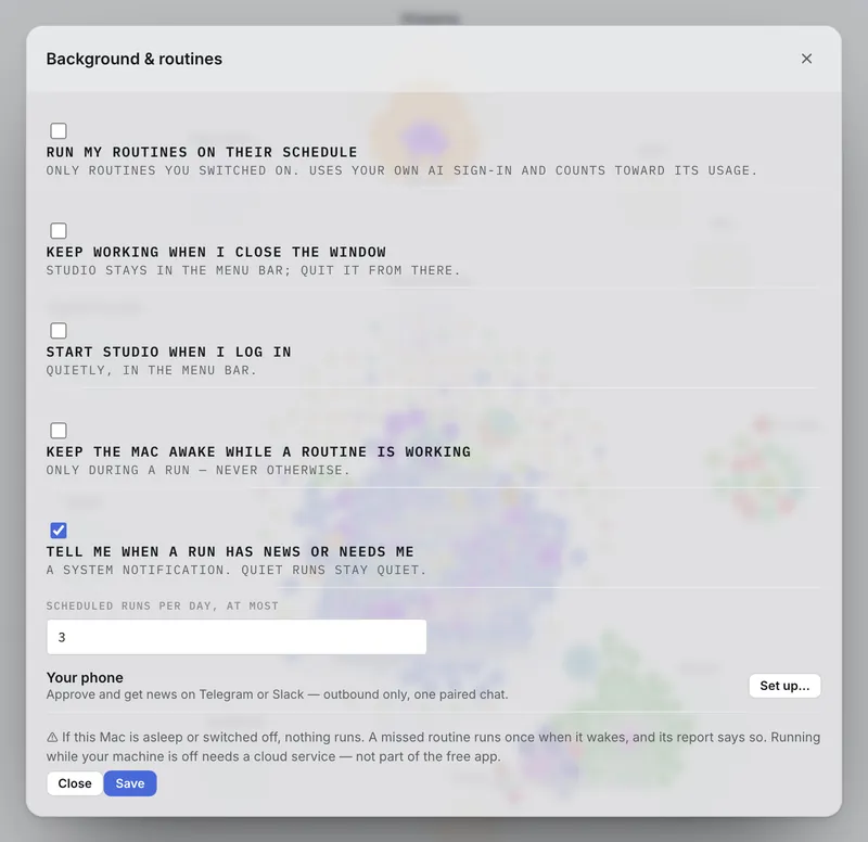 Second Brain Studio — Background & routines settings on the John Carter demo brain (light)