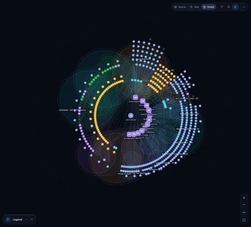 Second Brain Studio — Graph view (radial layout) on the John Carter demo brain (dark)