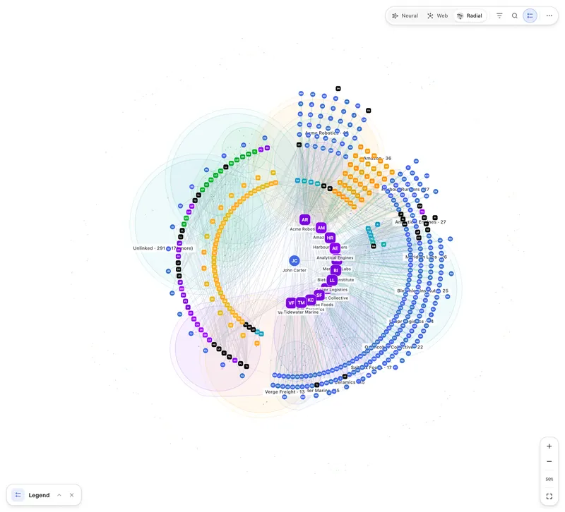 Second Brain Studio — Graph view (radial layout) on the John Carter demo brain (light)