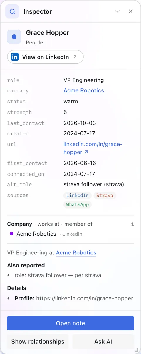 Second Brain Studio — Inspector panel for a Resolved person note on the John Carter demo brain (light)