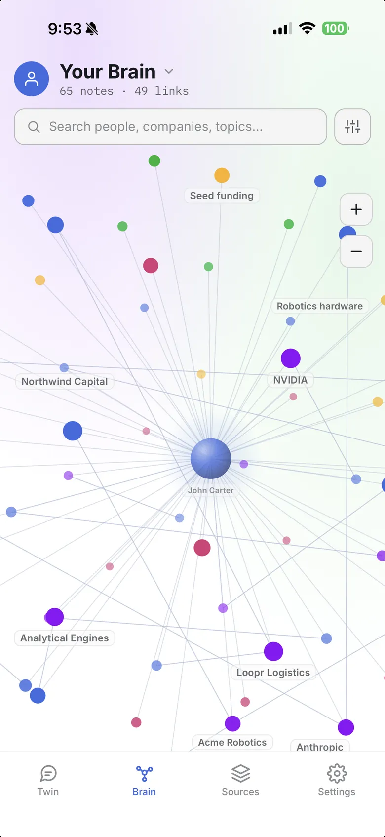 Second Brain Mobile — graph on the John Carter demo brain (light)