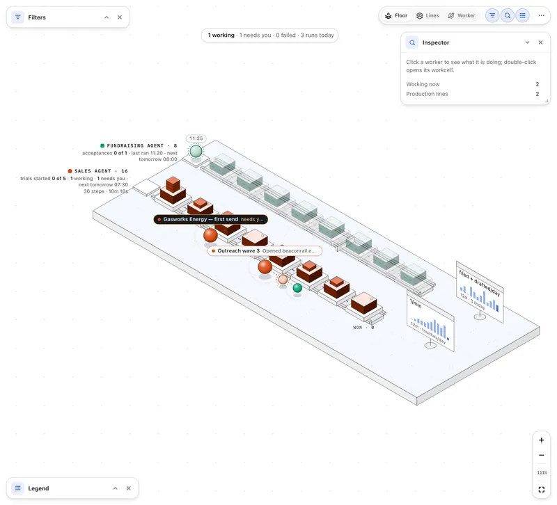 Second Brain Studio — Runtime — the Floor: every agent a production line, its workers on it on the Acme Robotics demo brain (light)