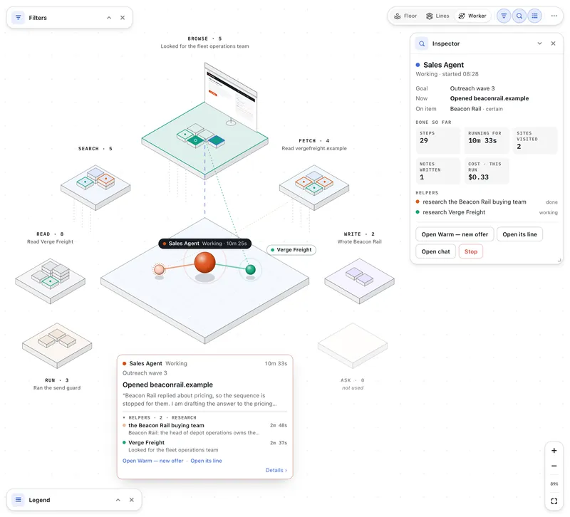 Second Brain Studio — Runtime — Worker: one run, step by step, with its story on the Acme Robotics demo brain (light)