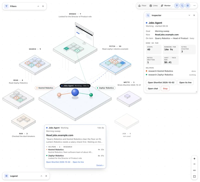 Second Brain Studio — Runtime — Worker: one run, step by step, with its story on the John Carter demo brain (light)