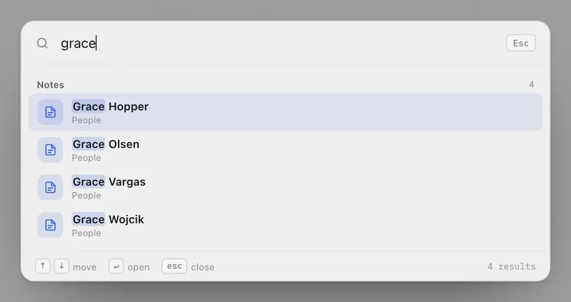 Second Brain Studio — Search (⌘K) on the John Carter demo brain (light)