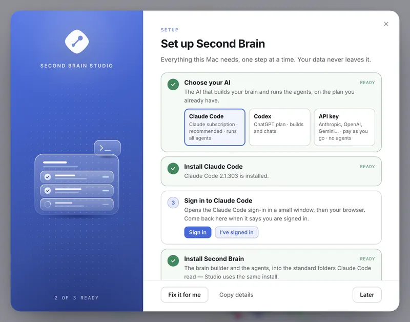 Second Brain Studio — the Setup wizard on the John Carter demo brain (light)