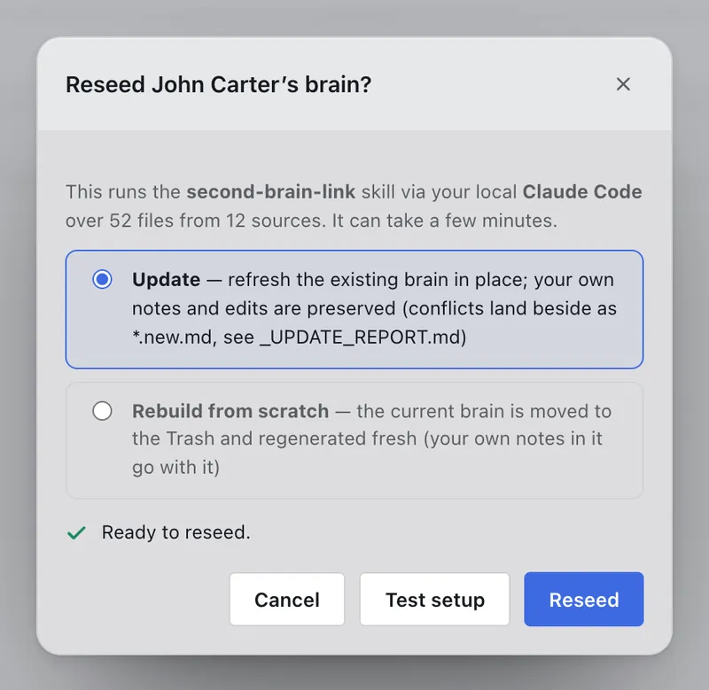 Second Brain Studio — Sources — Update or Rebuild on the John Carter demo brain (light)