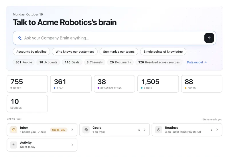 Second Brain Studio — Dashboard on the Acme Robotics demo brain (light)