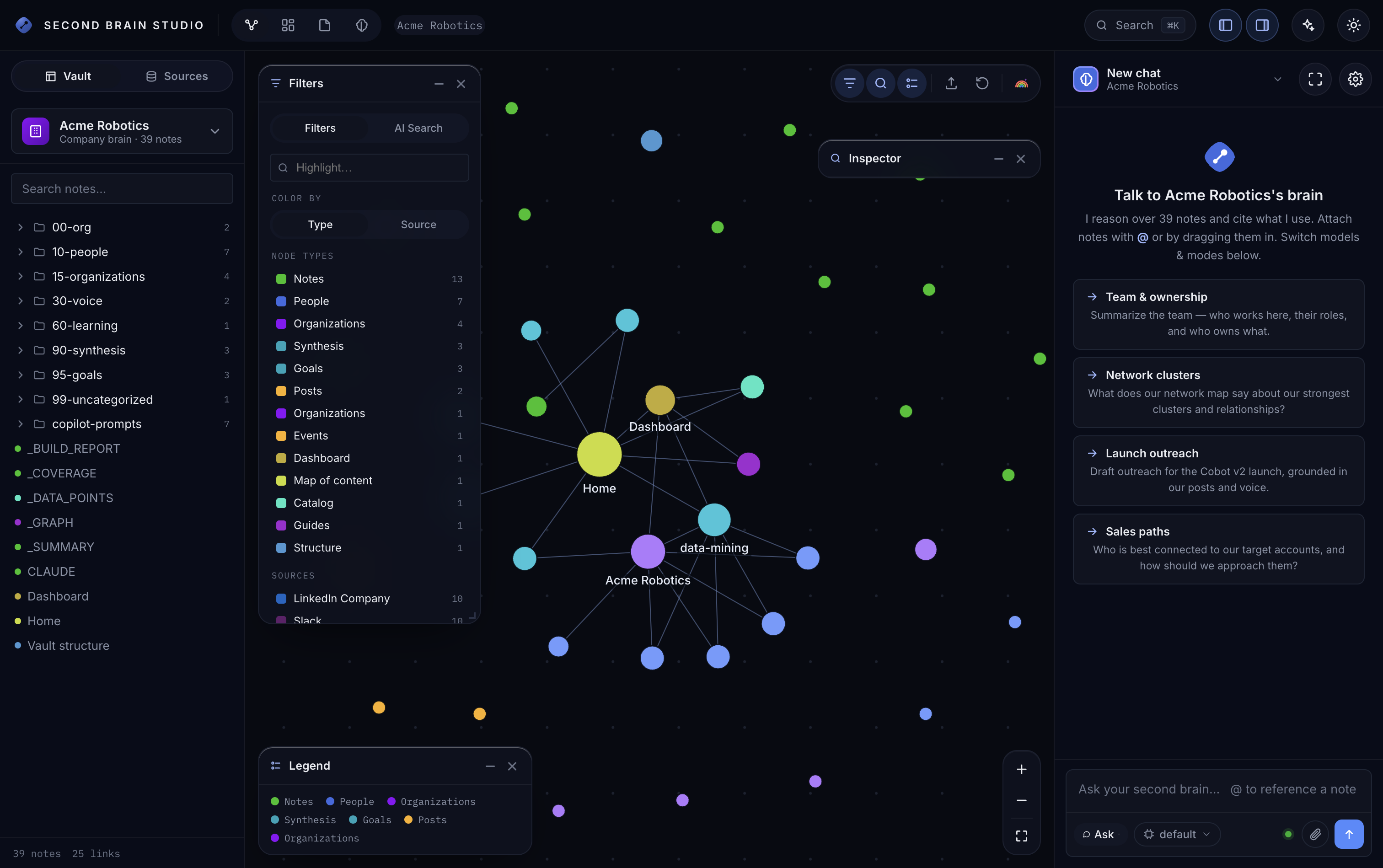 Second Brain Studio desktop app — interactive knowledge graph of your Company Brain (dark mode)
