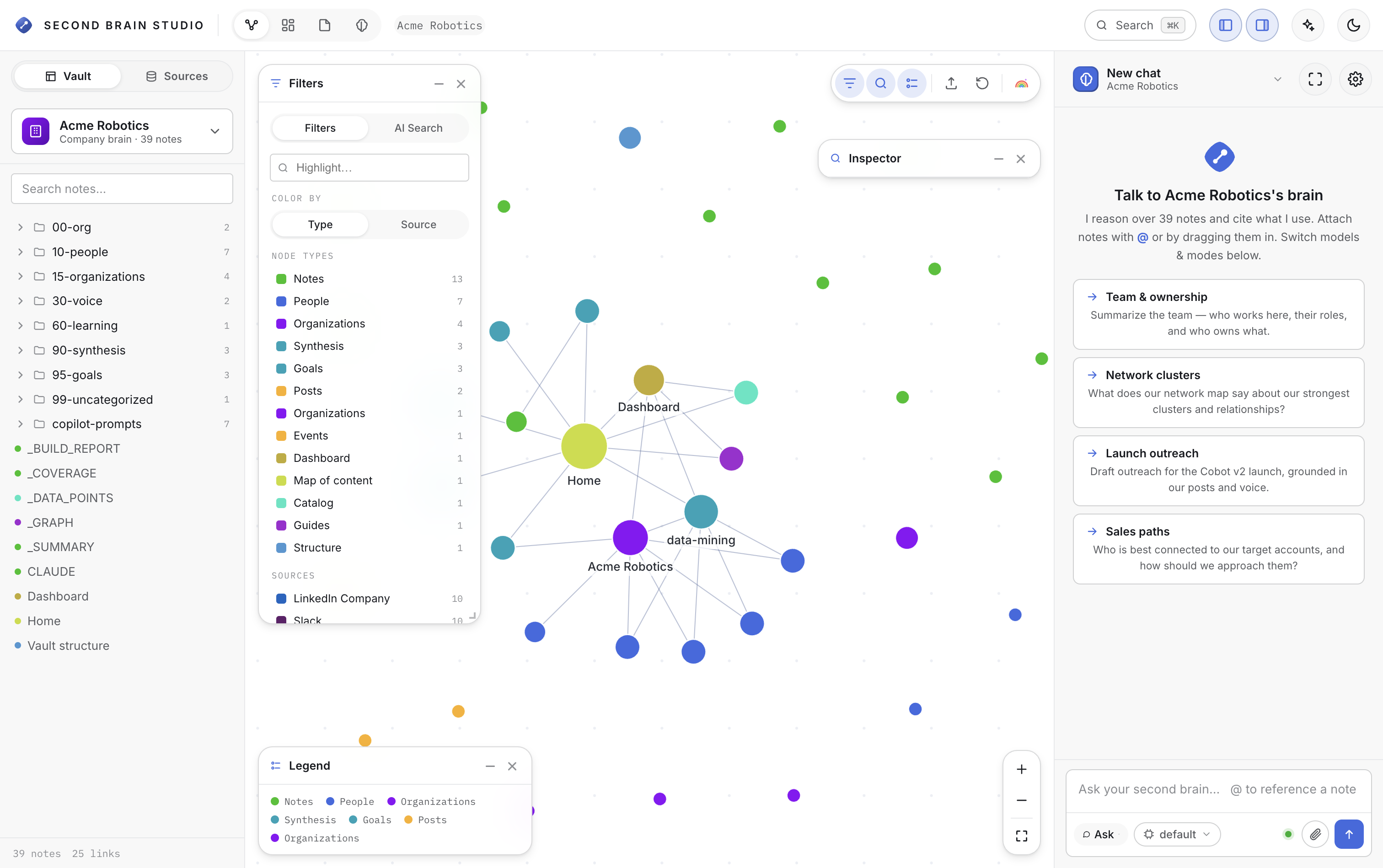 Second Brain Studio desktop app — interactive knowledge graph of your Company Brain