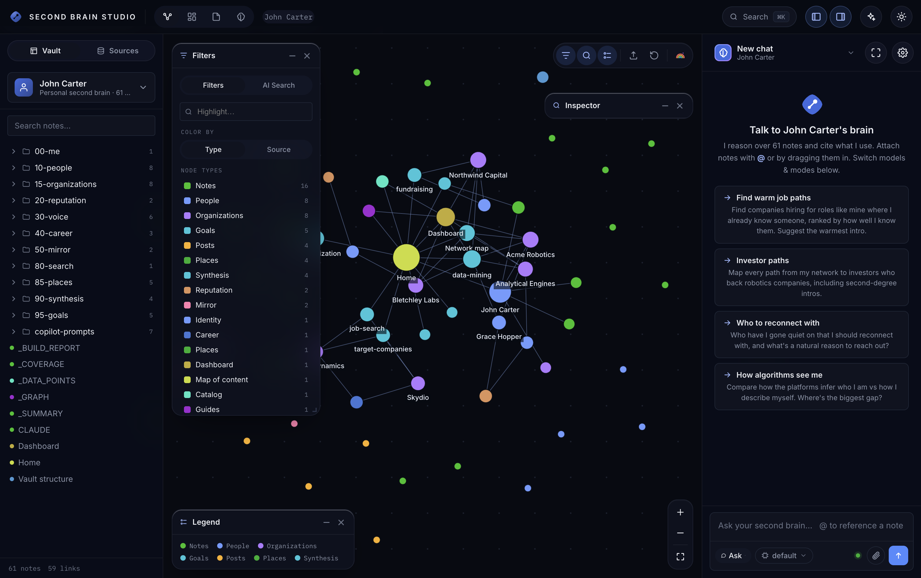 Second Brain Studio desktop app — interactive knowledge graph (dark mode)