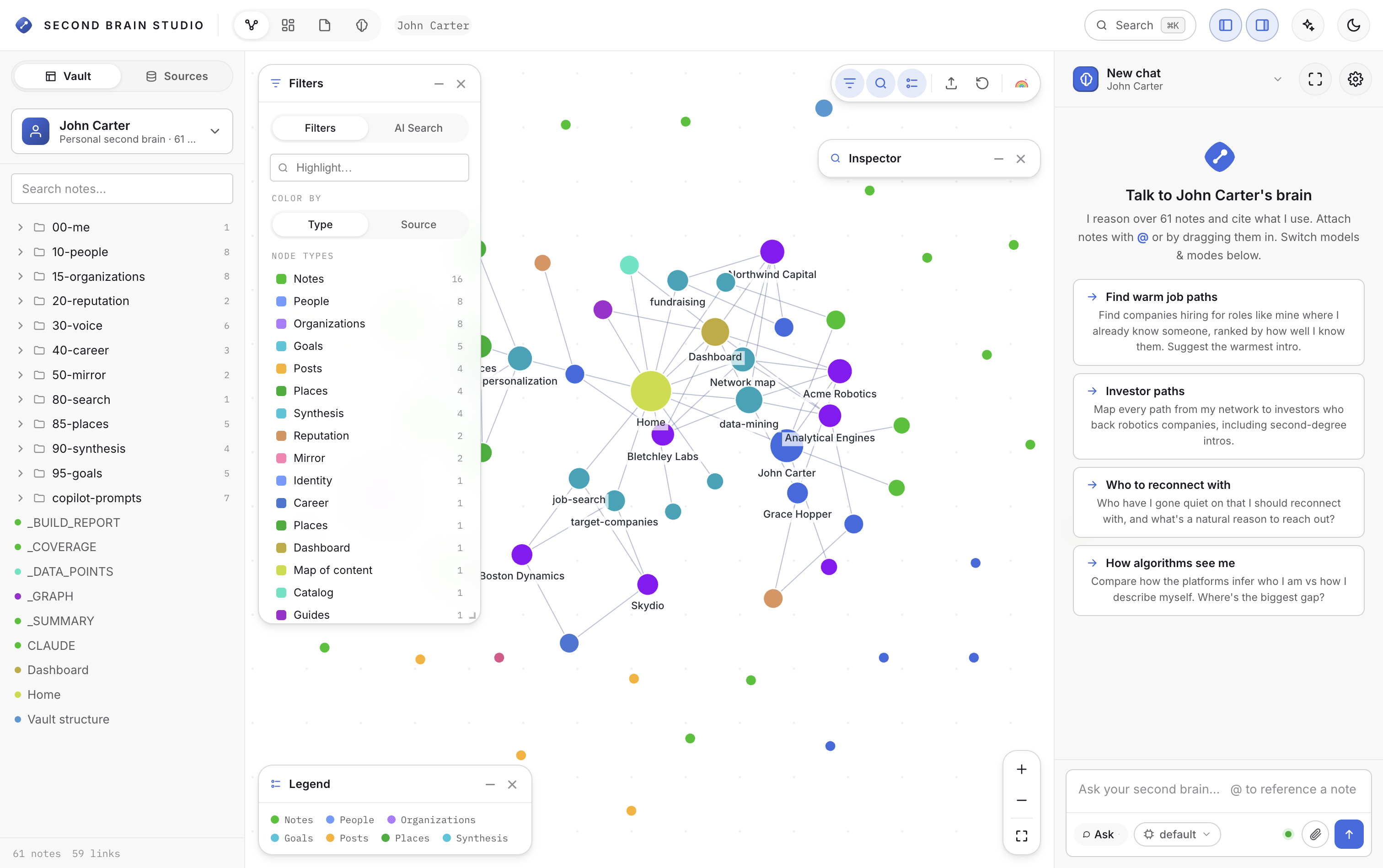 Second Brain Studio desktop app — interactive knowledge graph