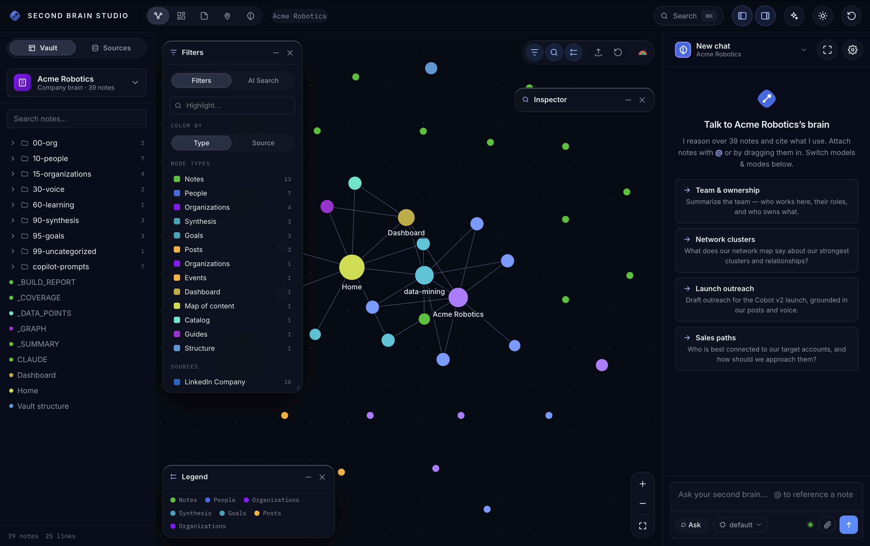 Second Brain Studio in the browser — interactive knowledge graph of your Company Brain (dark mode)