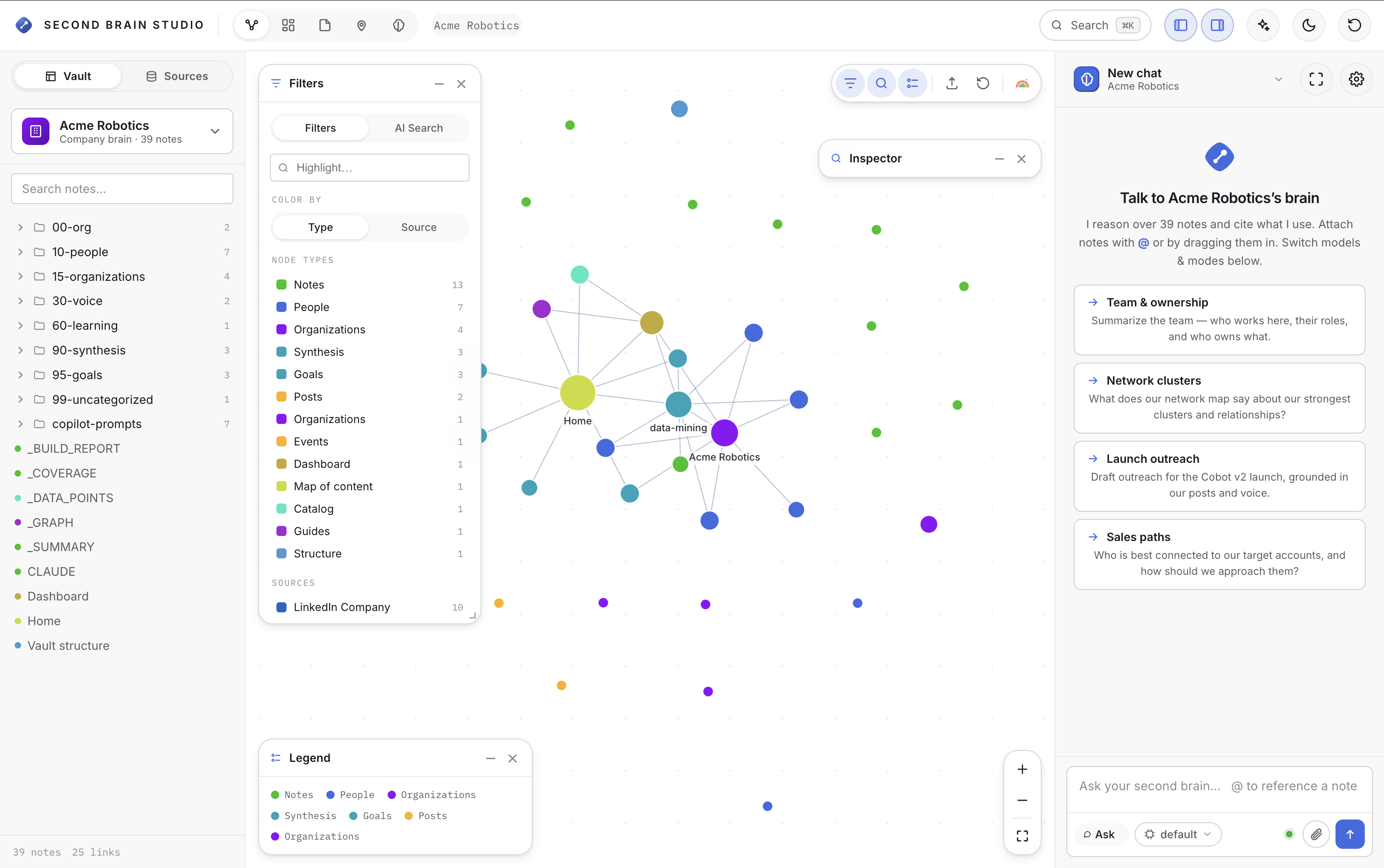 Second Brain Studio in the browser — interactive knowledge graph of your Company Brain