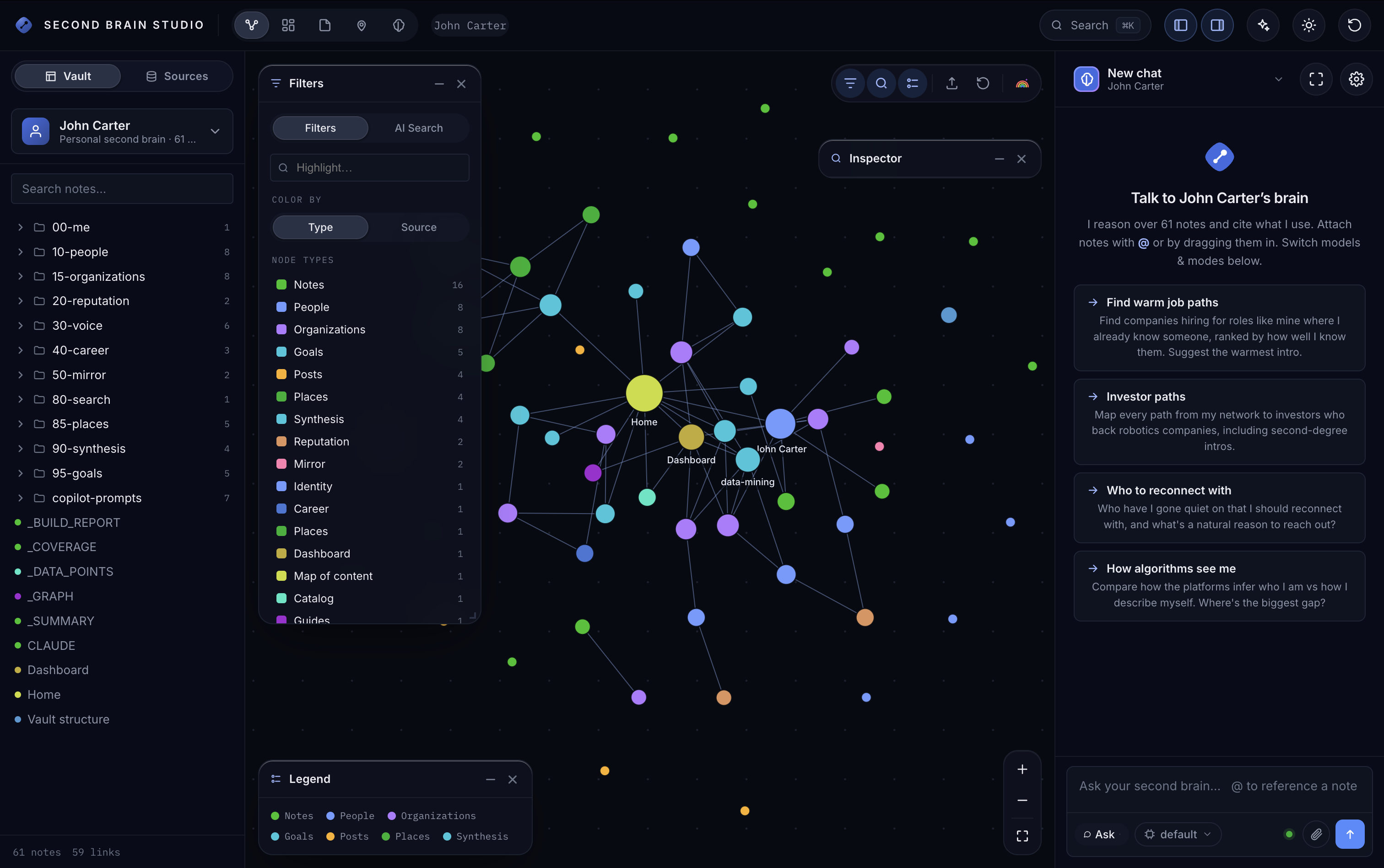 Second Brain Studio in the browser — interactive knowledge graph of your network (dark mode)