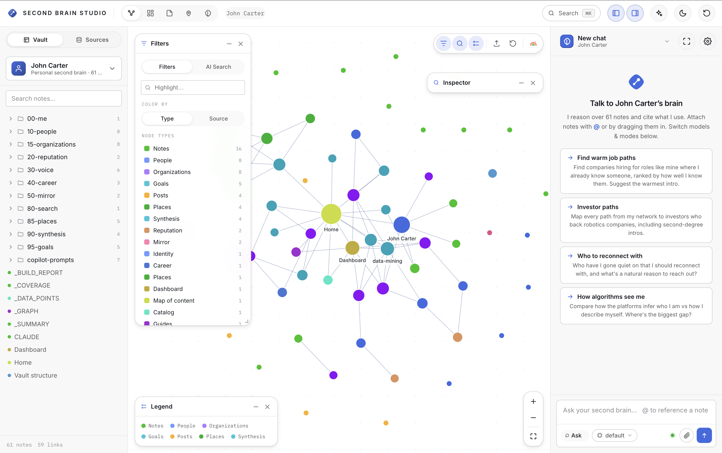 Second Brain Studio in the browser — interactive knowledge graph of your network